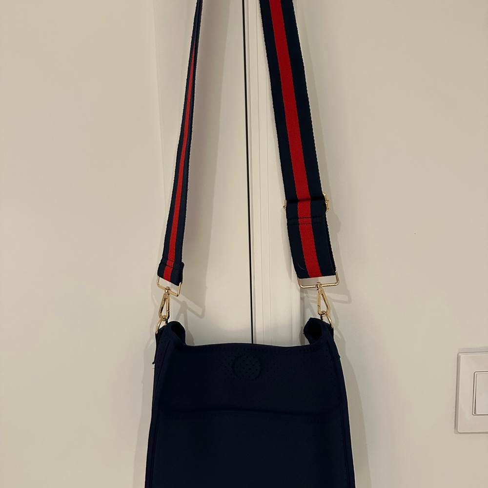 Navy Blue Crossbody Bag with Red and Blue Strap